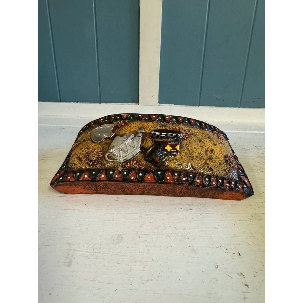 Vintage Mexican Folk Art Ceramic COW Wall Plaque Hand Painted Talavera Style
